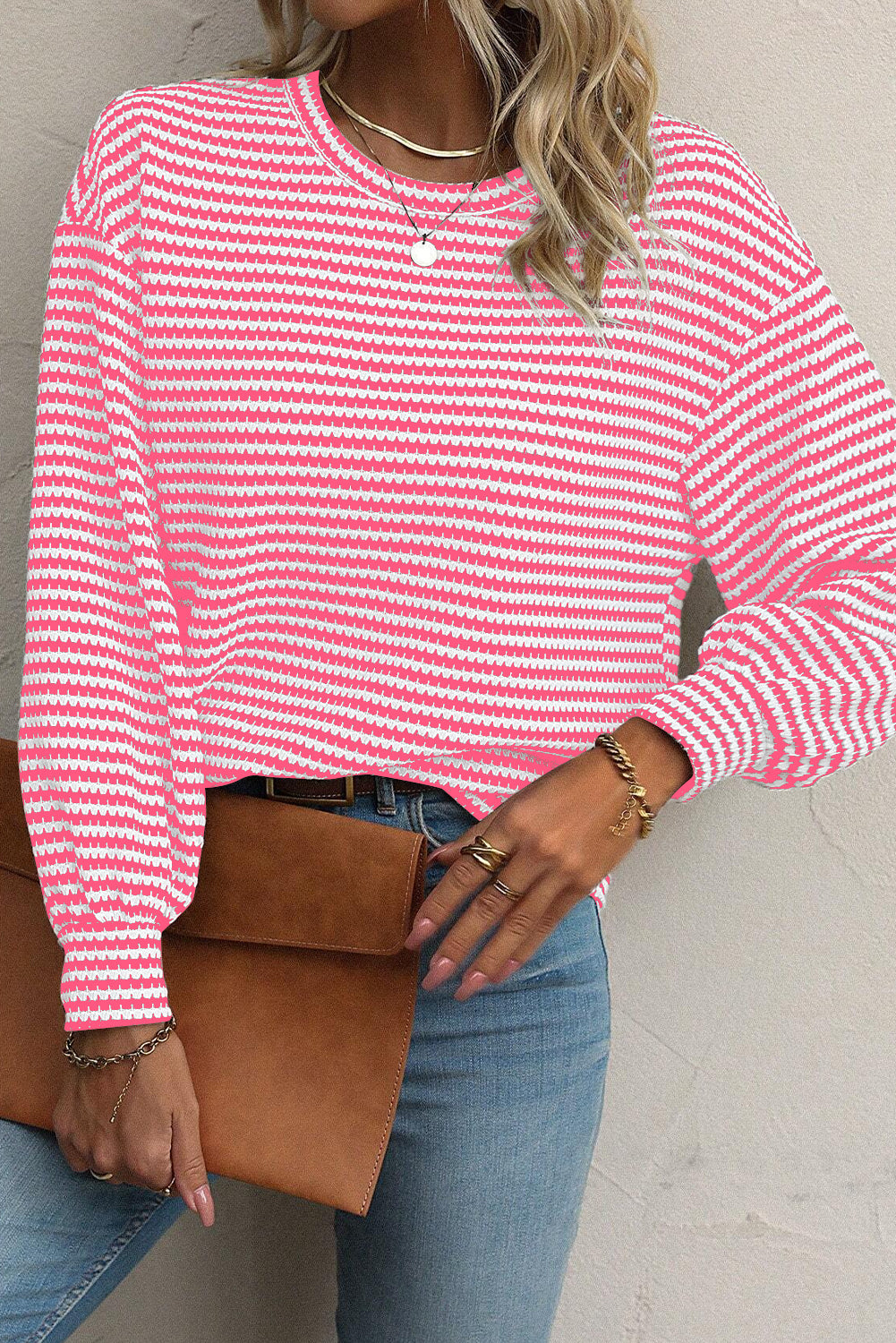 Black Stripe Round Neck Drop Shoulder Long Sleeve Top