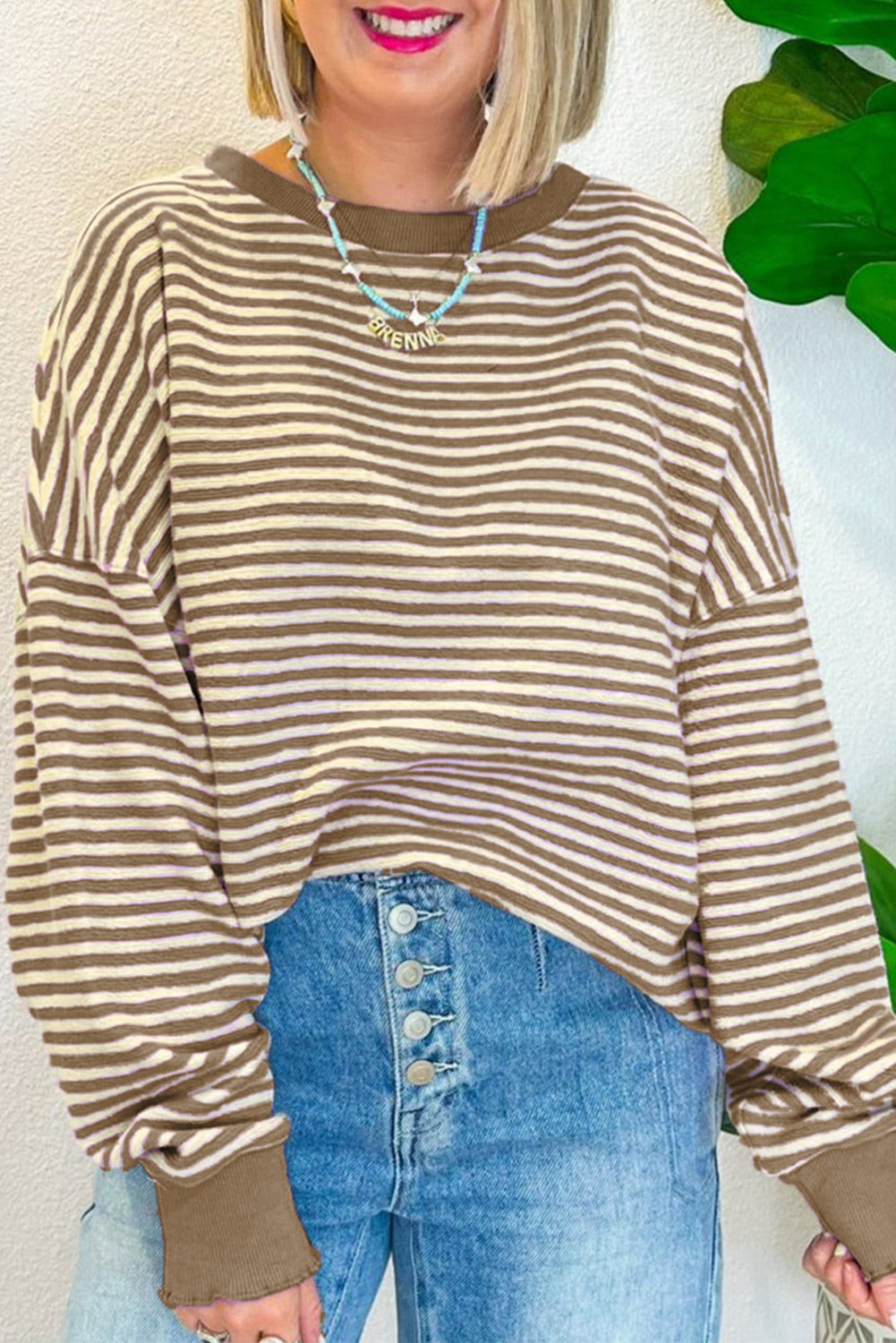 Pink Stripe Drop Shoulder Long Sleeve Top