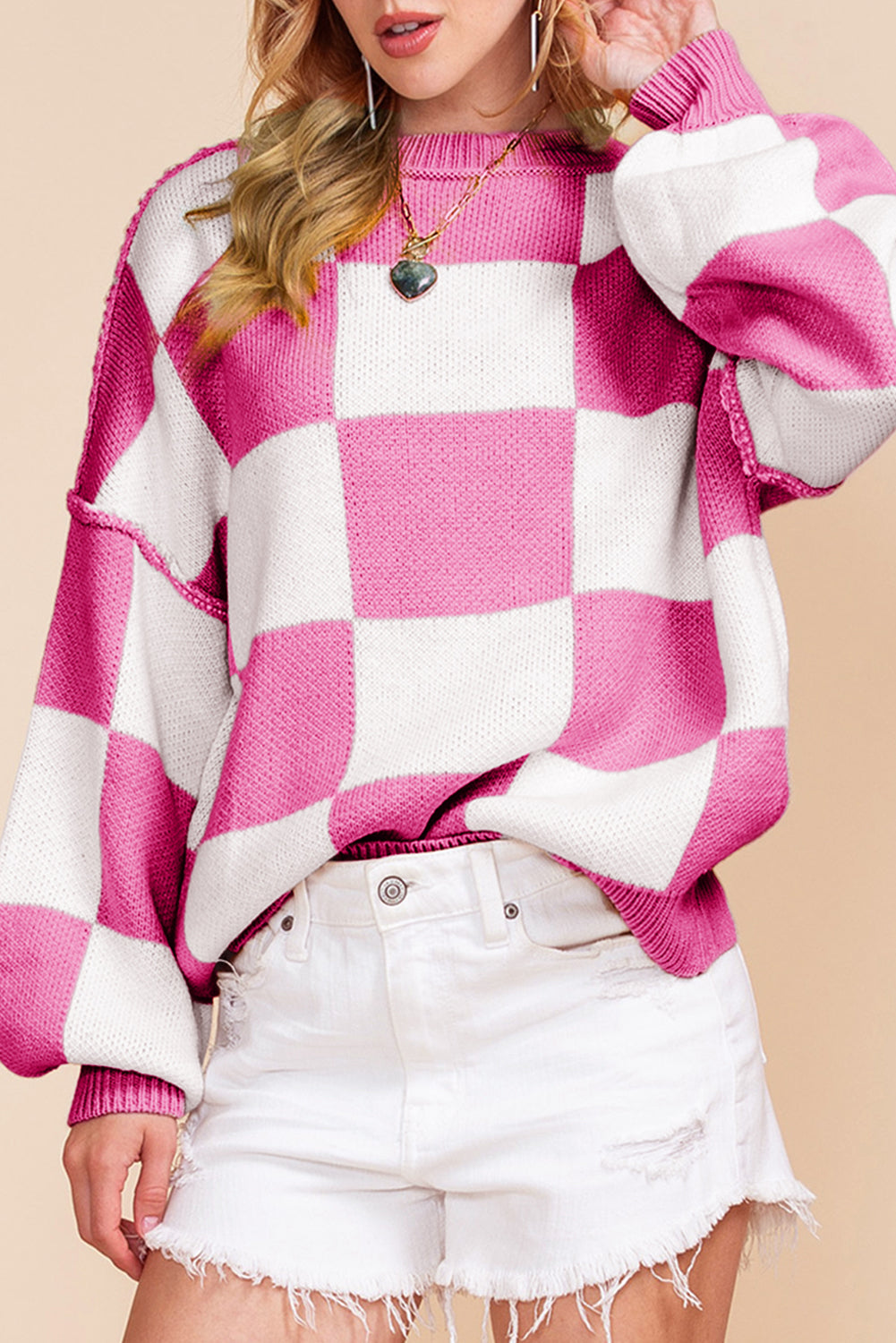 Green Checkered Bishop Sleeve Pullover Sweater