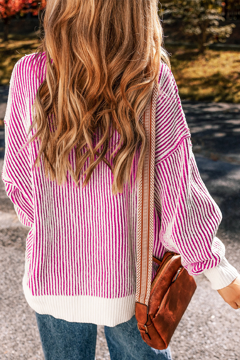 Bright Pink Striped Textured Knit Contrast Edge Loose Sweater