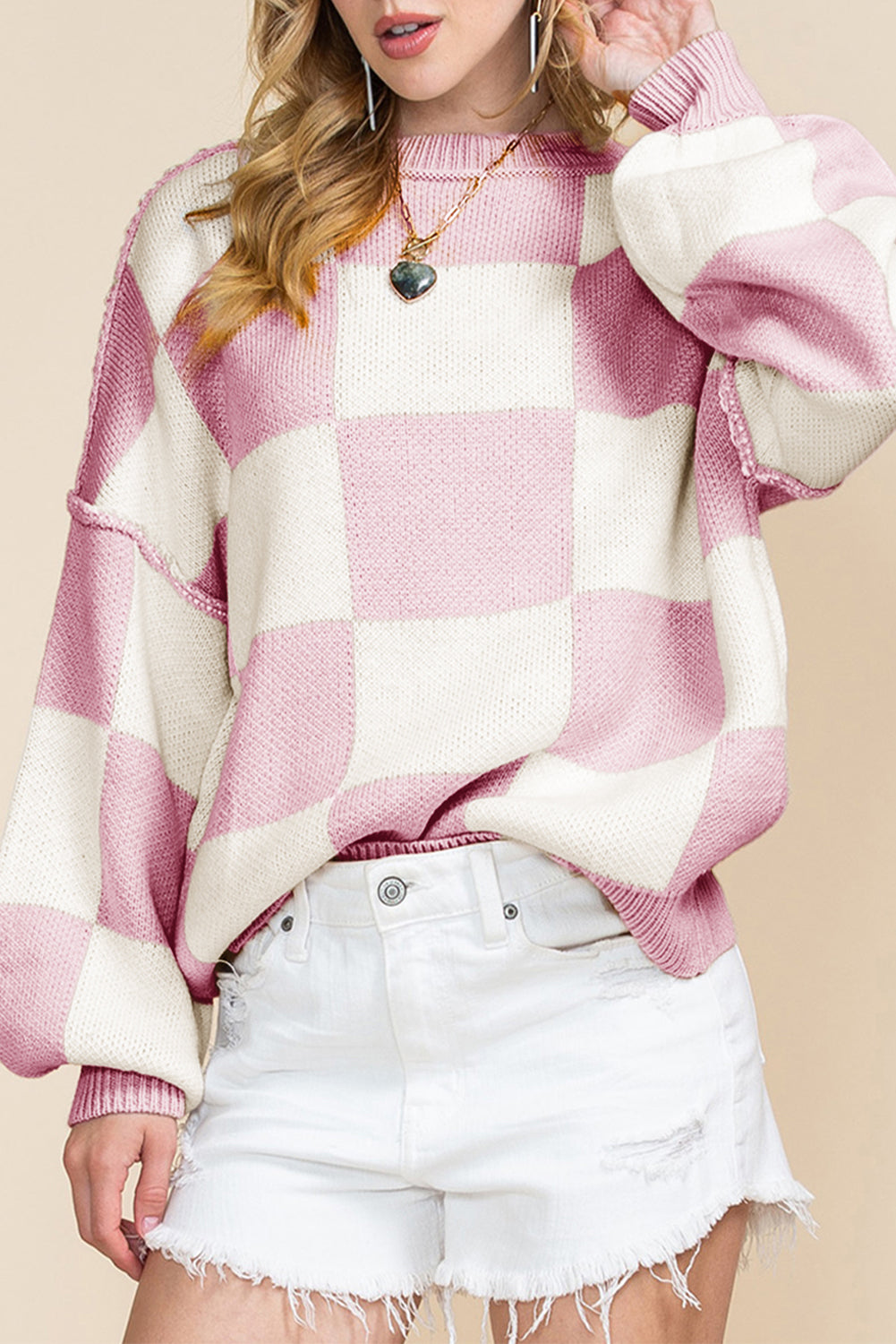 Green Checkered Bishop Sleeve Pullover Sweater