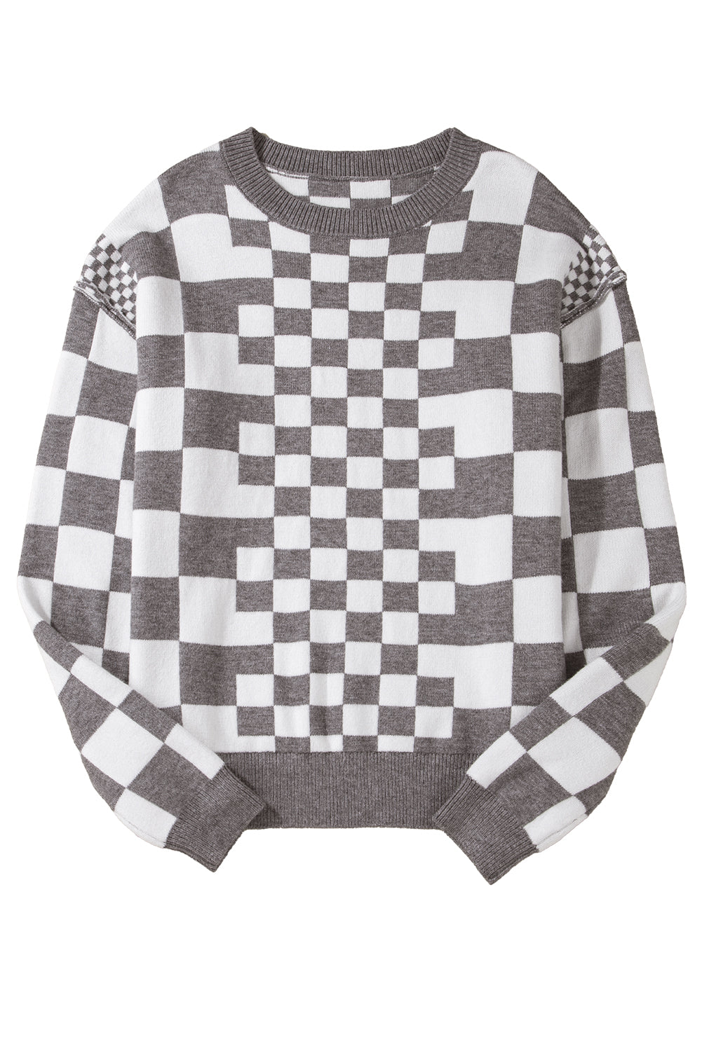 Black Checkered Drop Shoulder Round Neck Sweater