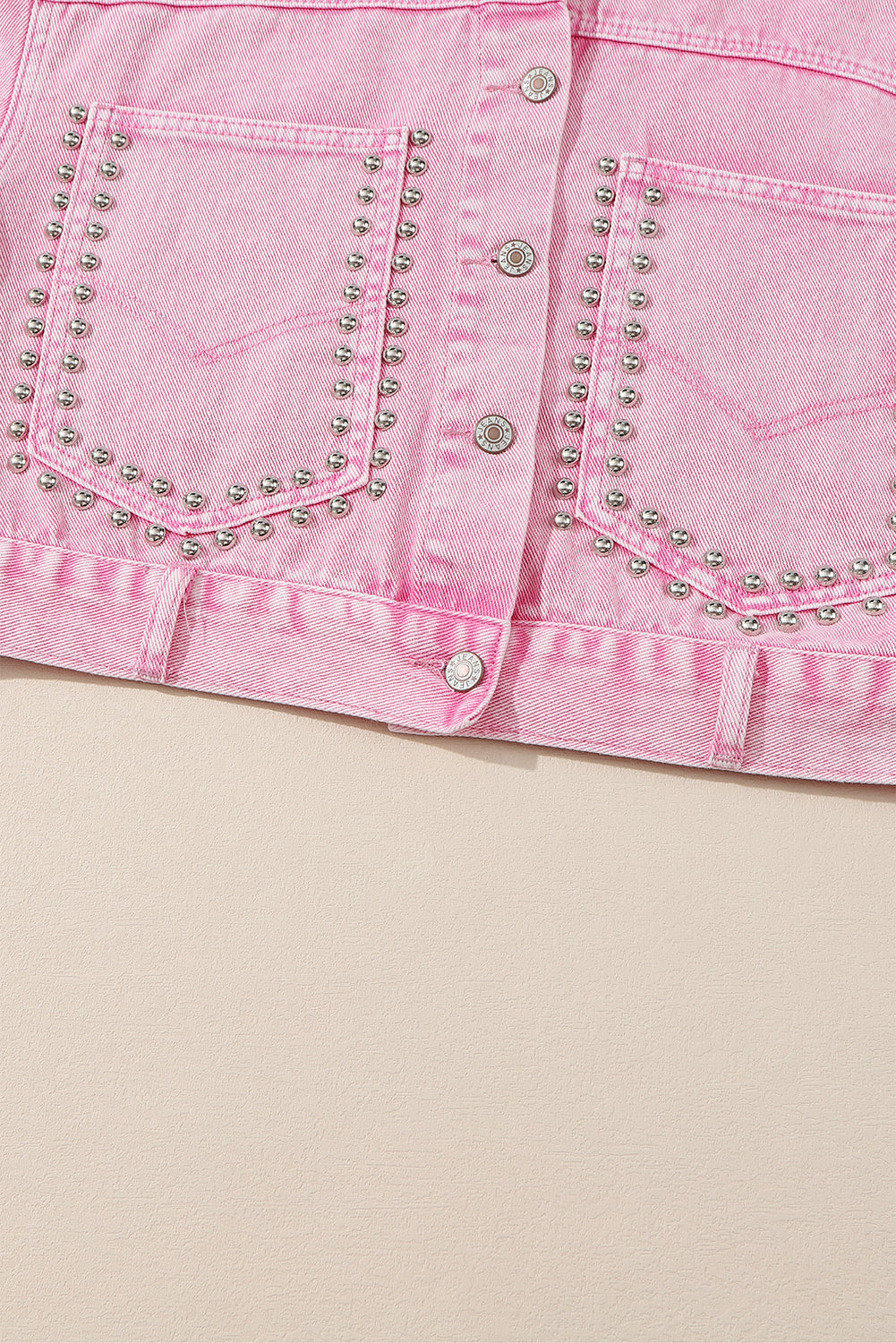 Pink Rivets Pocketed Cropped Denim Jacket