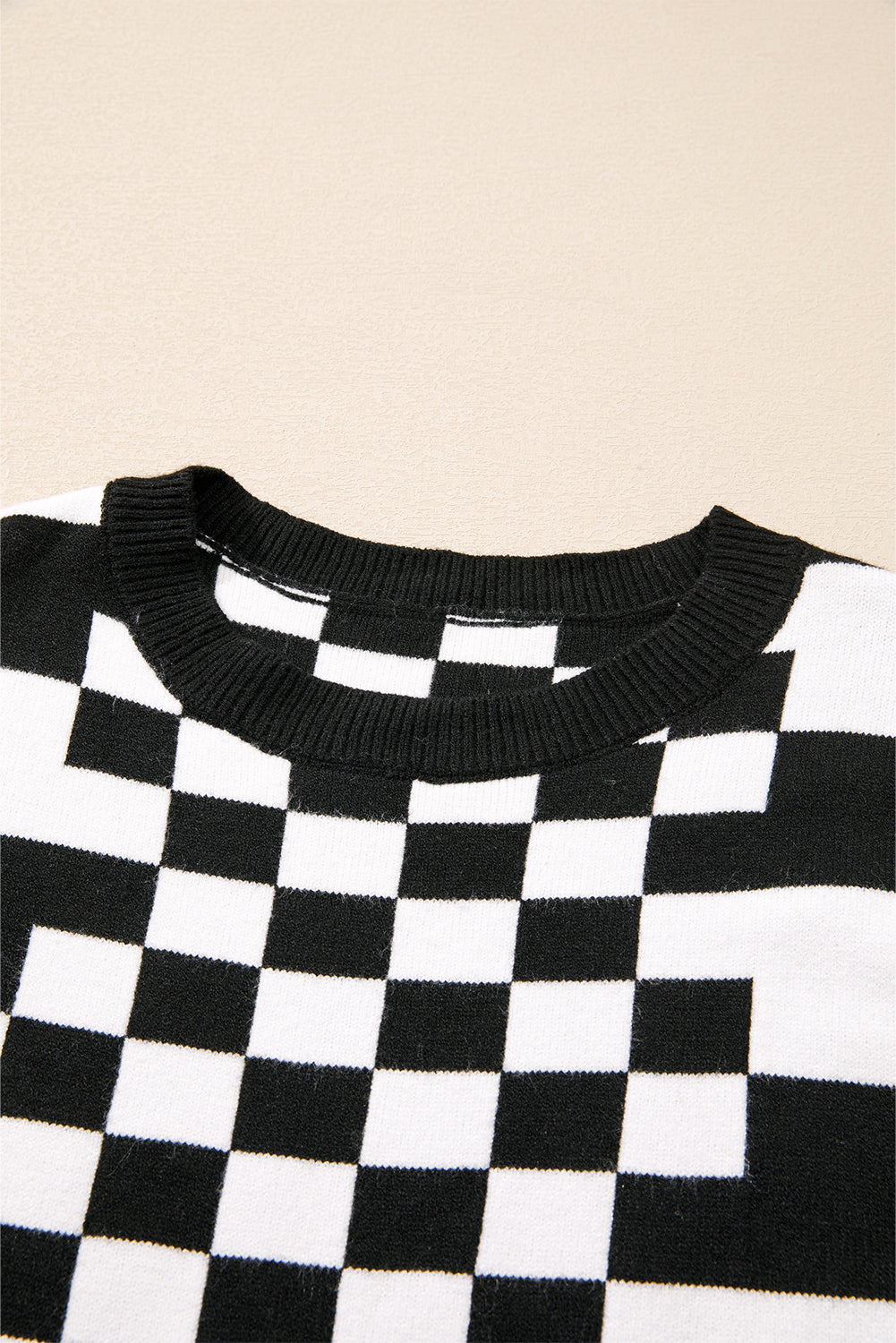 Black Checkered Drop Shoulder Round Neck Sweater