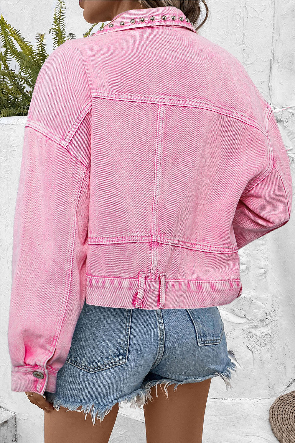 Pink Rivets Pocketed Cropped Denim Jacket