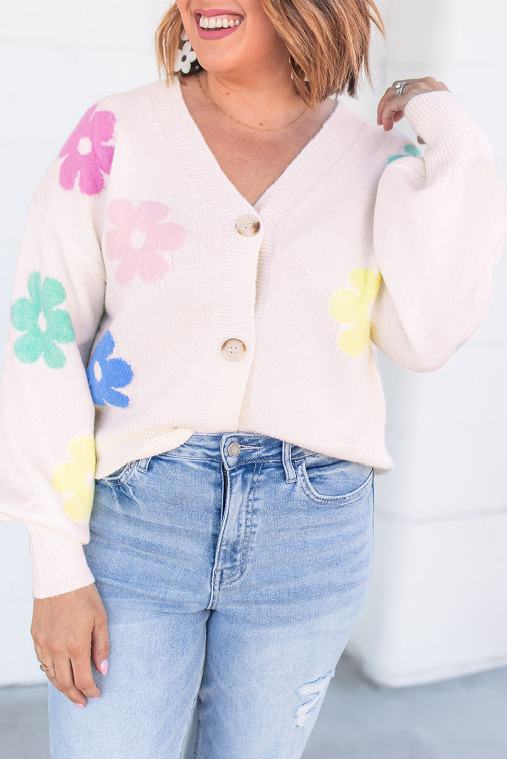 Beige Floral Pattern V Neck Buttoned Plus Size Cardigan