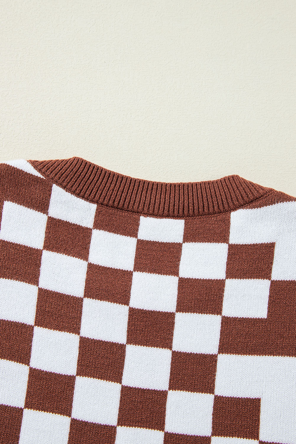 Brown Checkered Print Drop Shoulder Round Neck Sweater