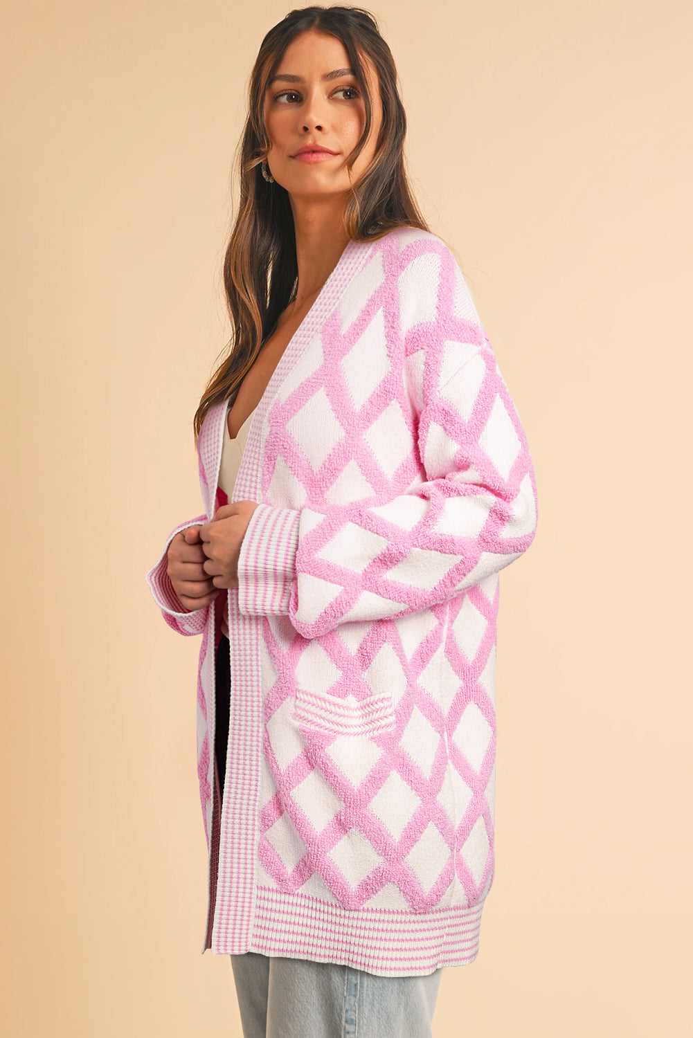 Pink Checkered Pockets Open Front Cardigan