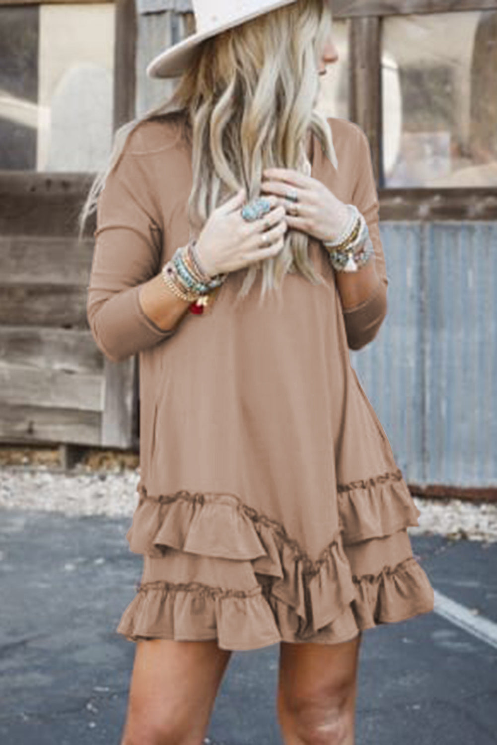 Goat Scoop Neck Tiered Ruffled Hem Long Sleeve Mini Dress