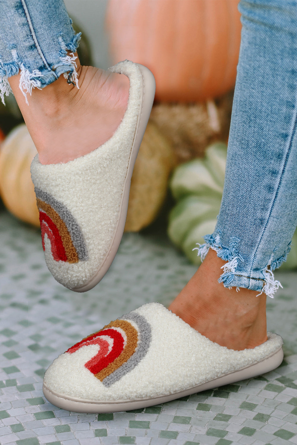 Bright White Rainbow Plush Winter Home Slippers