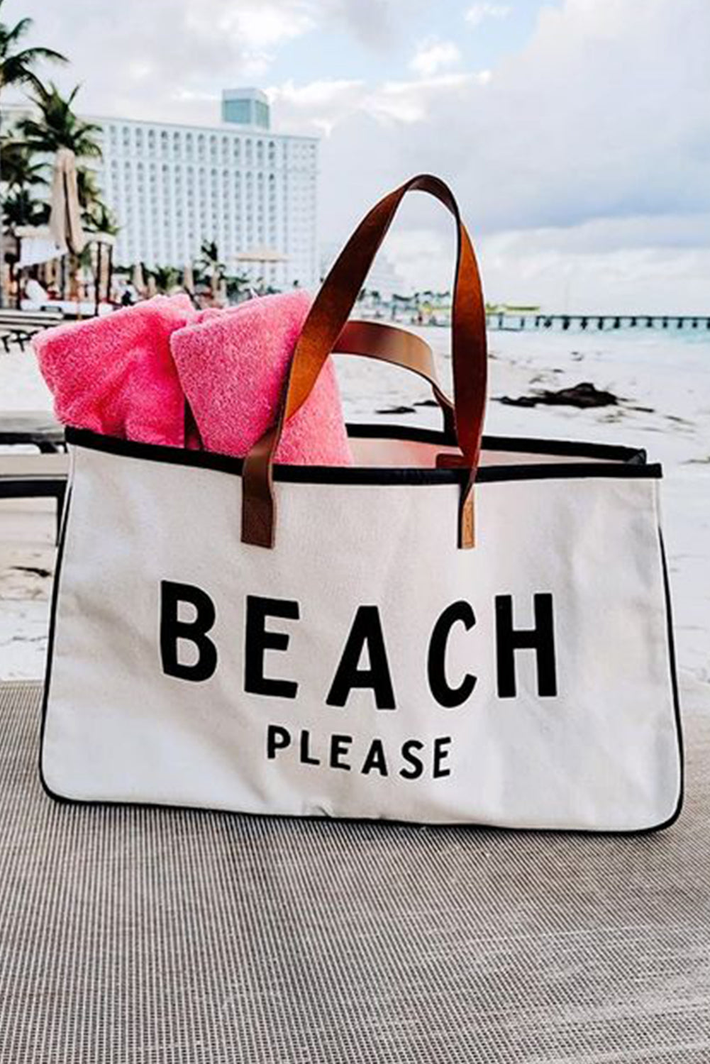 White BEACH PLEASE Print Large Canvas Tote Bag