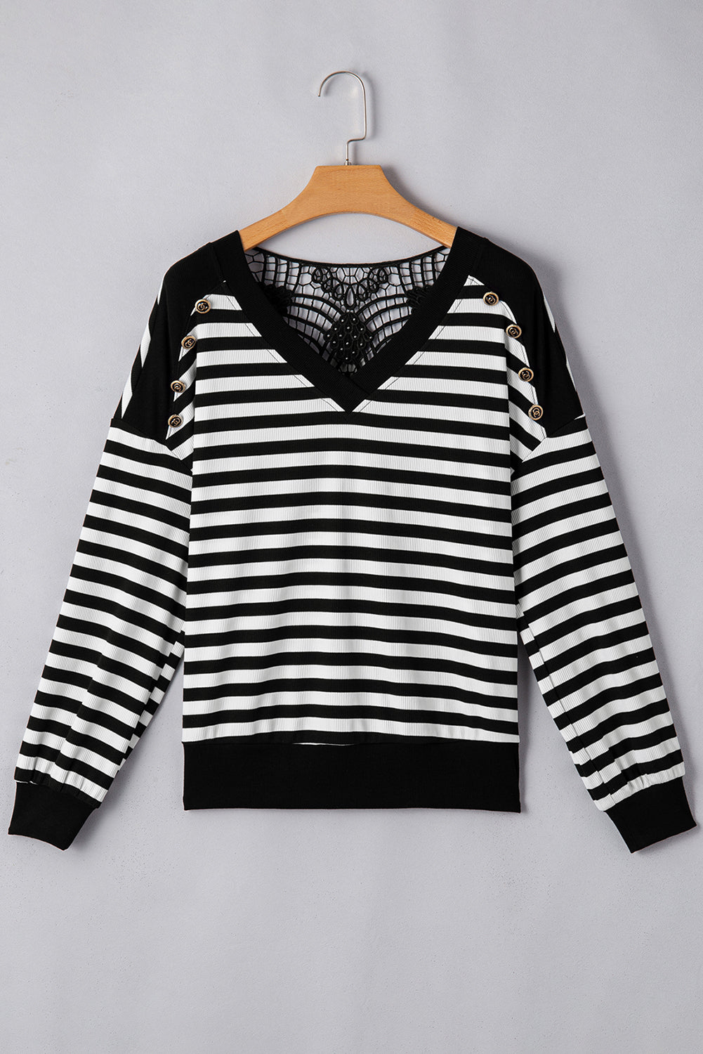 Black Stripe Crochet Hollow-out Back Buttoned Decor V Neck Top