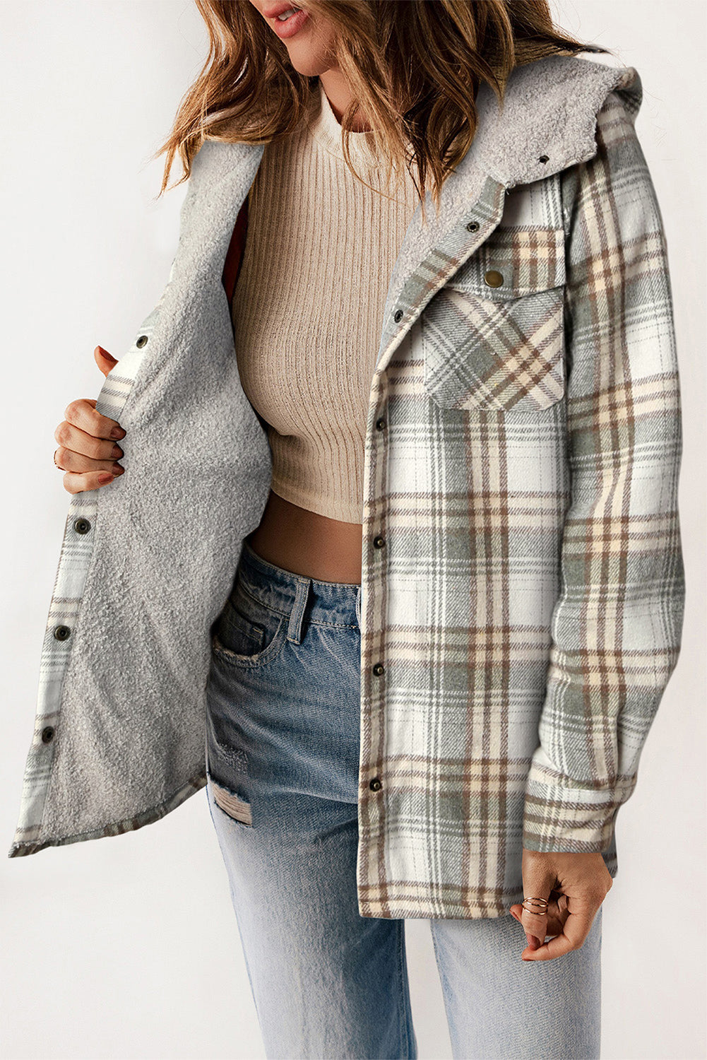 Plaid Pattern Sherpa Lined Hooded Shacket