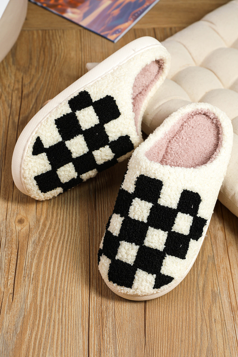 Black Checkered Print Fuzzy Slip On Winter Slippers