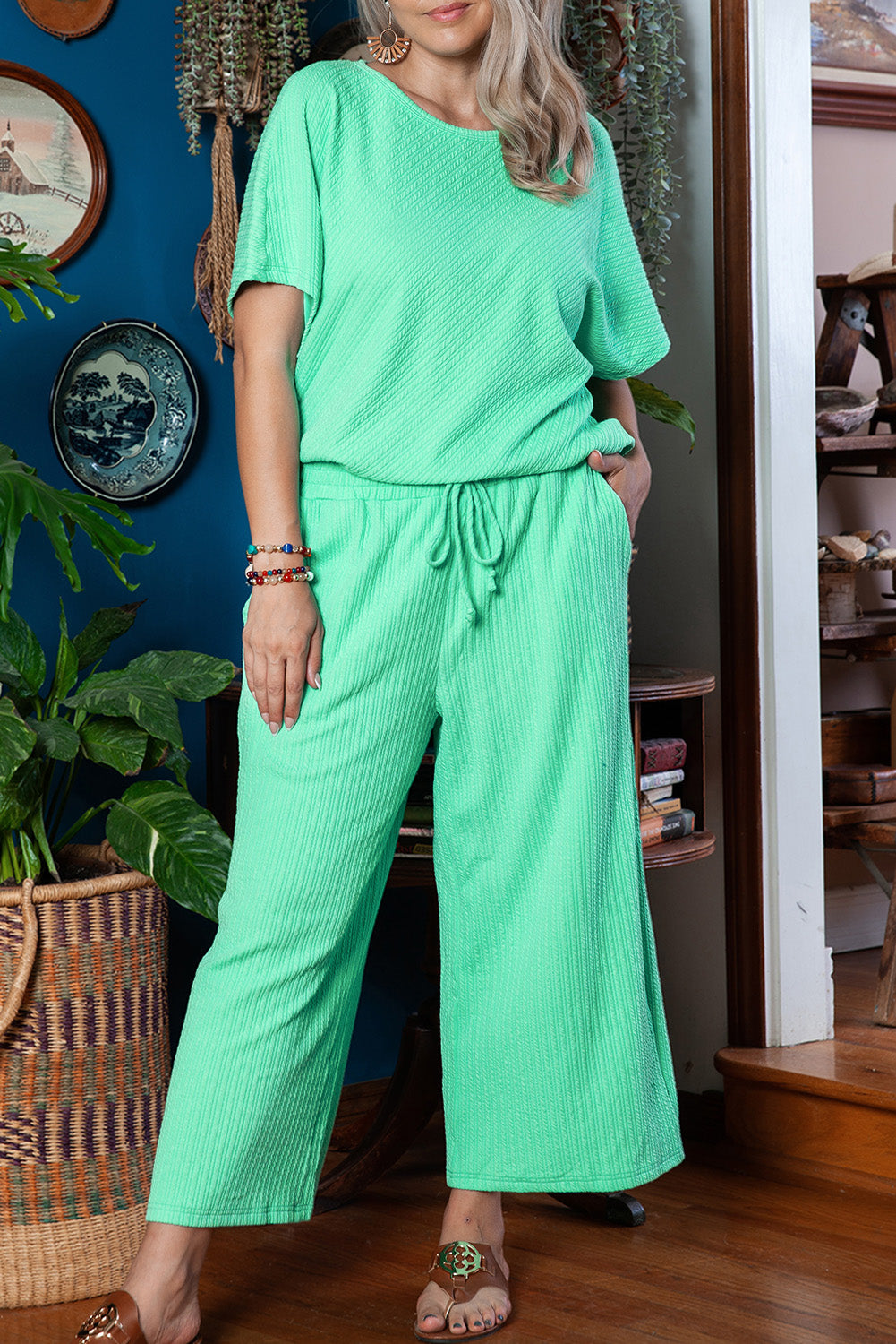 Mint Green Textured Batwing Sleeve Tee Wide Leg Pants Plus Size Set