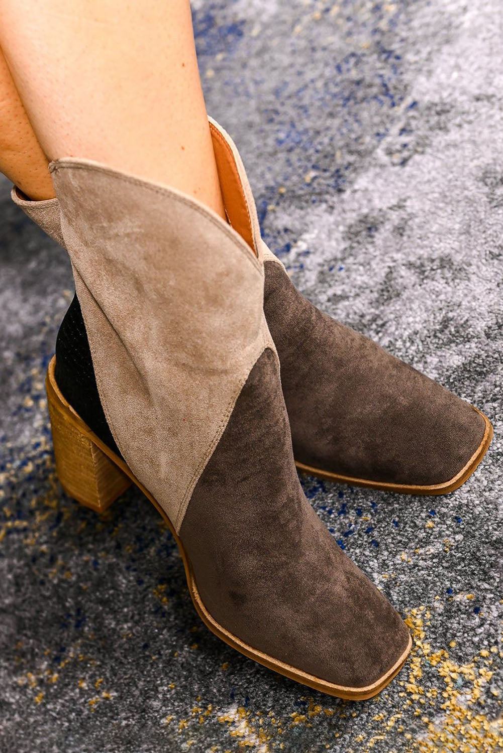 Black Colorblock Suede Heeled Ankle Booties