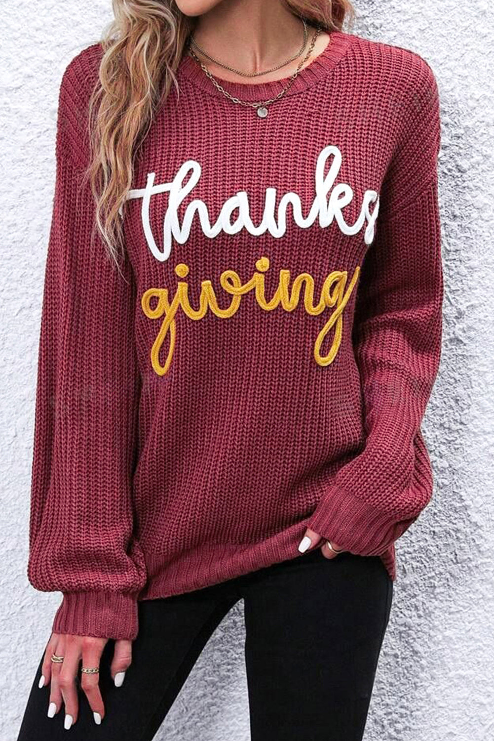 Gold Flame Thanksgiving Letter Graphic Crew Neck Sweater