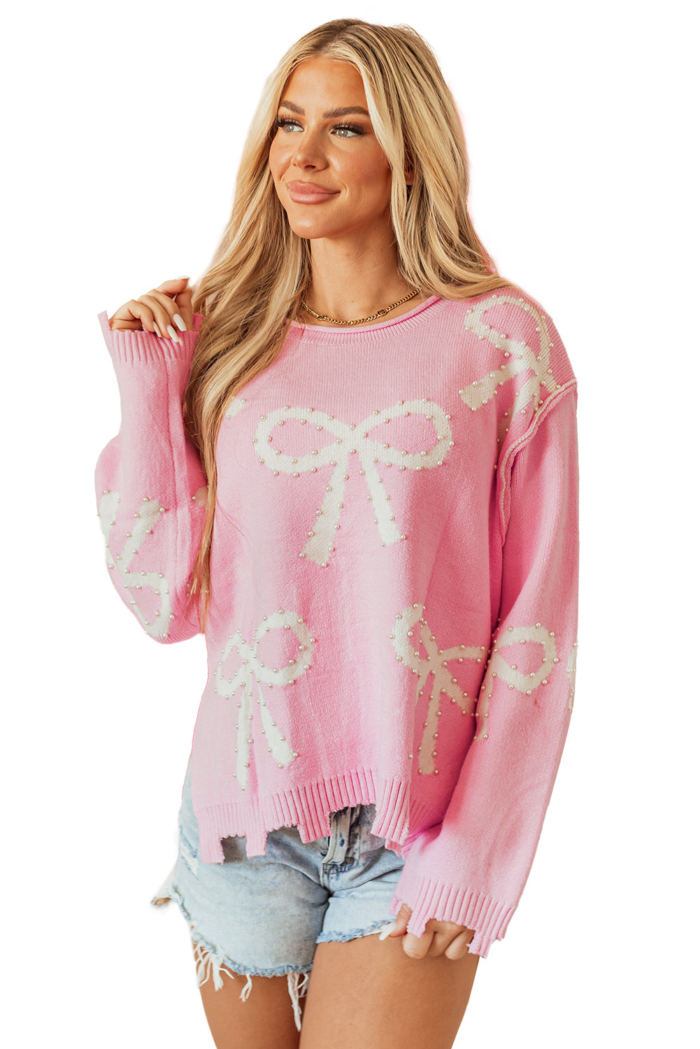 Pink Pearl Beaded Bowknot Pattern Distressed Split Hem Sweater