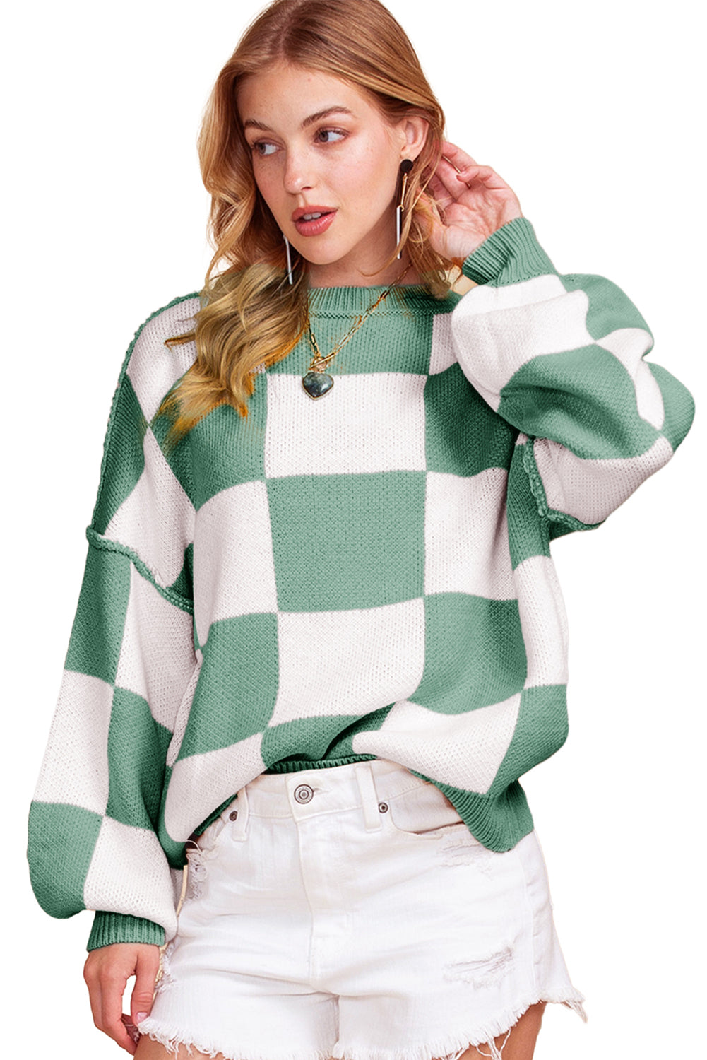 Green Checkered Bishop Sleeve Pullover Sweater