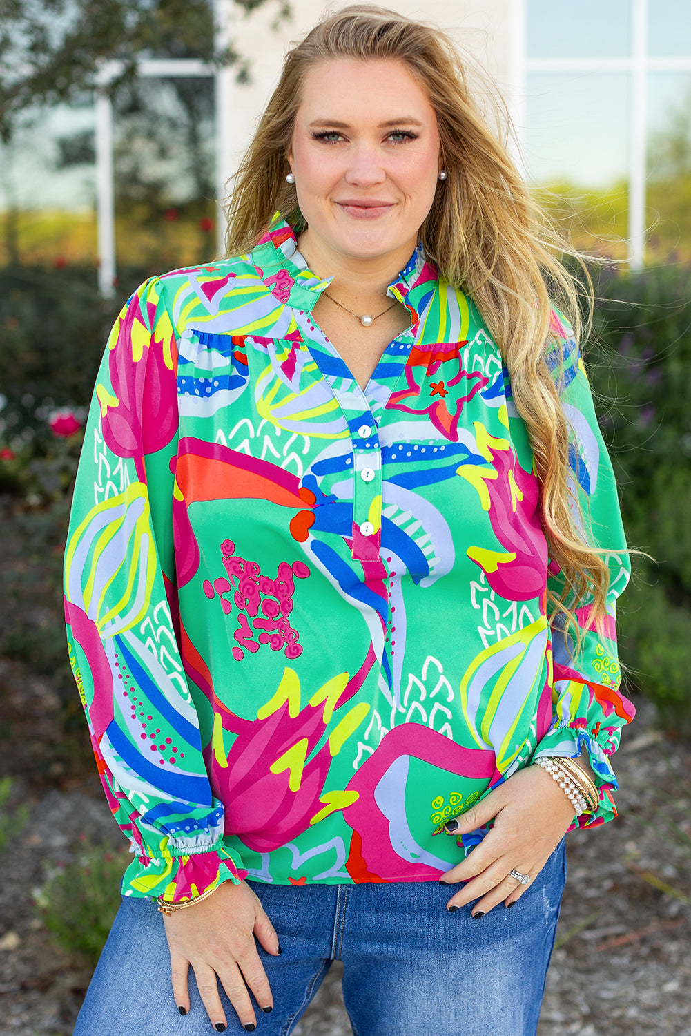 Green Abstract Printed Flounce Sleeve V Neck Buttoned Plus Size Blouse