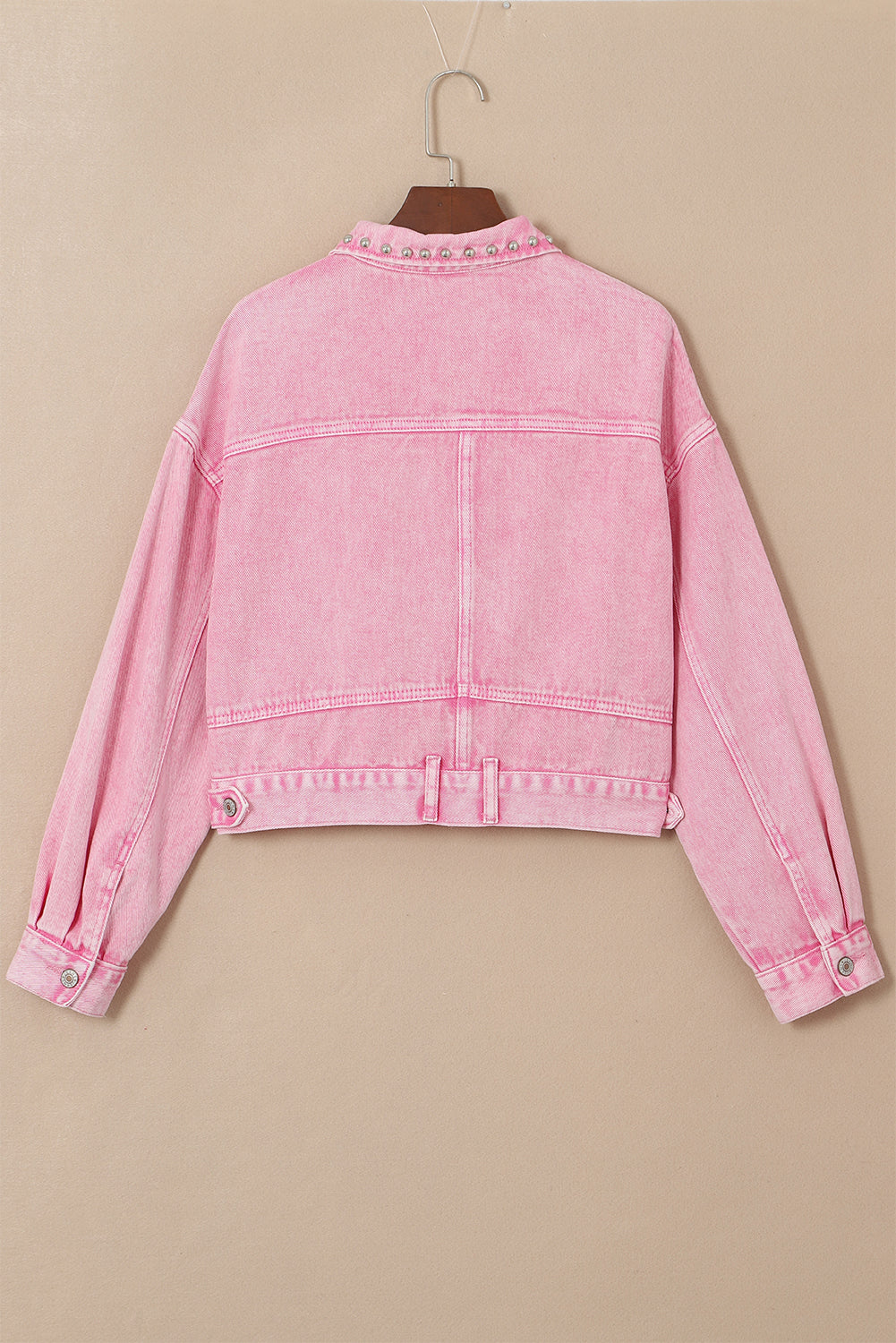 Pink Rivets Pocketed Cropped Denim Jacket