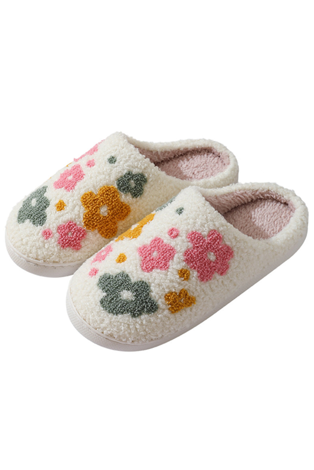 White Flower Pattern Slip On Plush Home Slippers