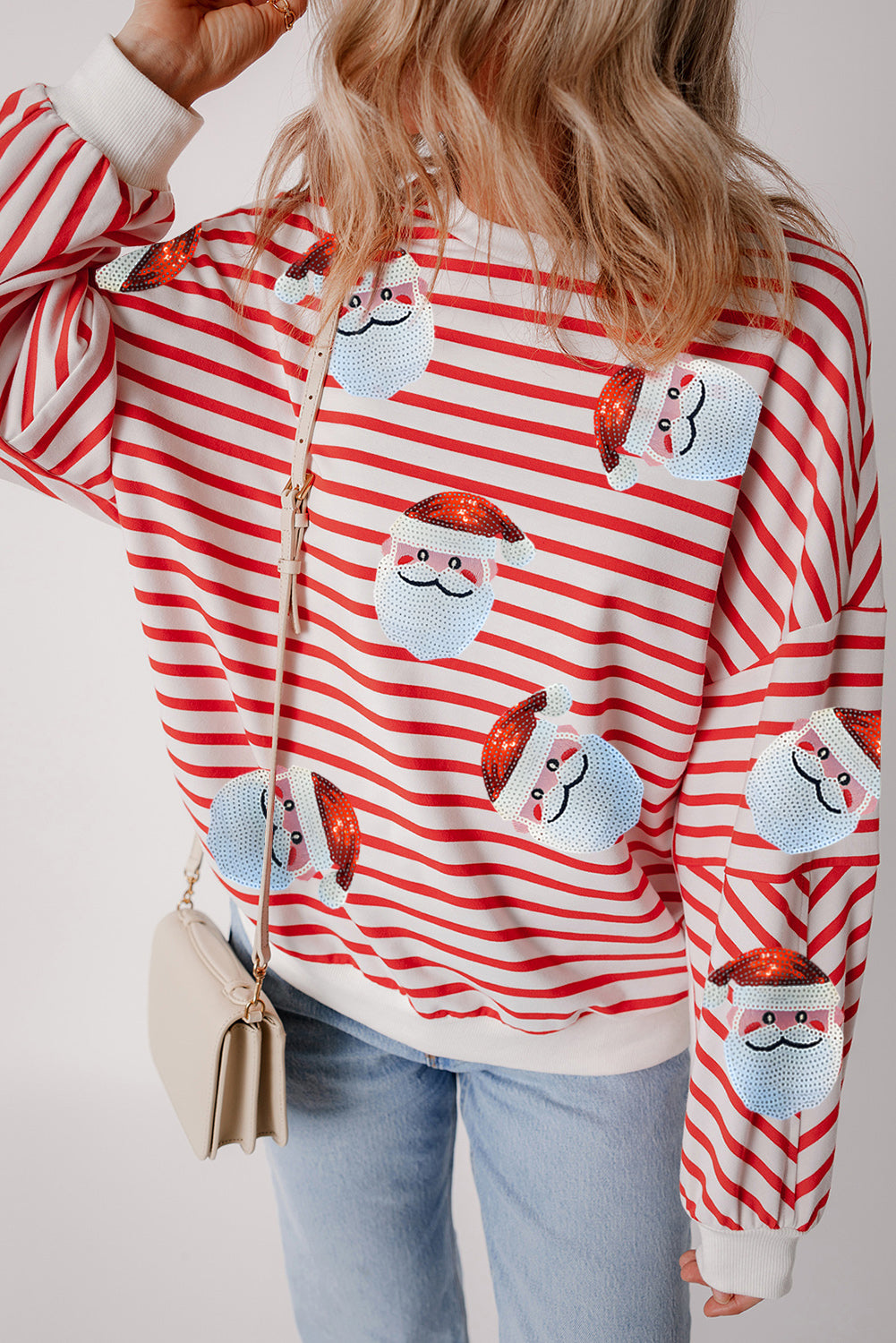 Orange Stripe Striped Sequin Santa Claus Pattern Christmas Pullover Sweatshirt