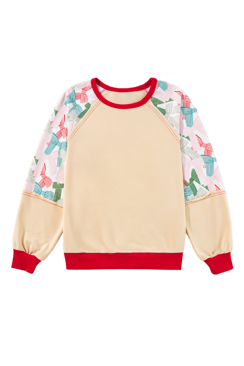 Beige Bowknot Print Patchwork Raglan Sleeve Top