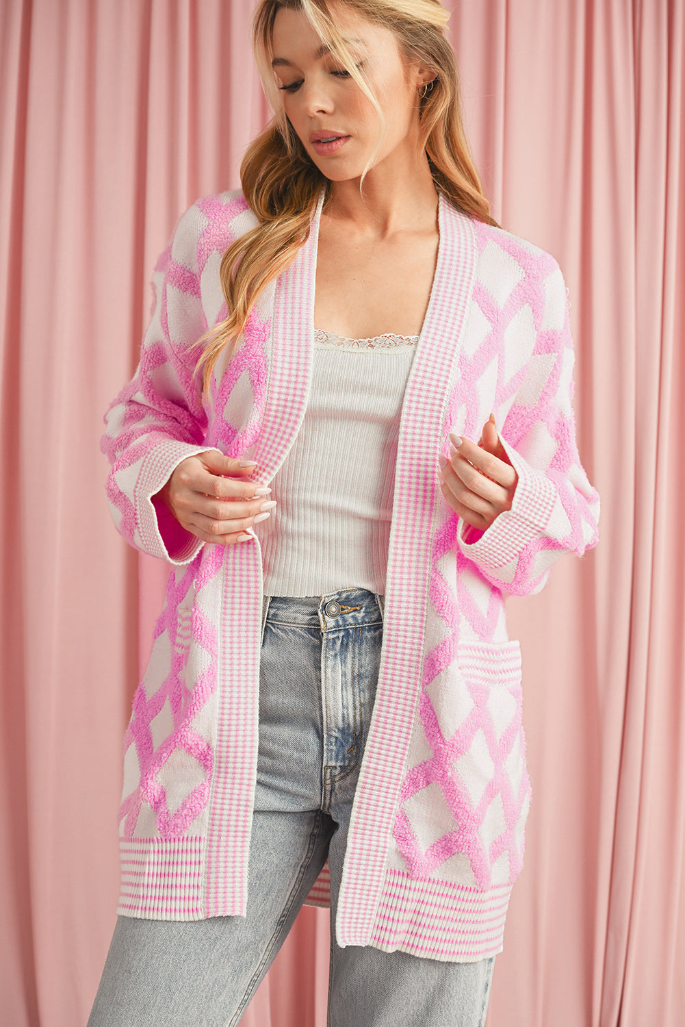 Pink Checkered Pockets Open Front Cardigan