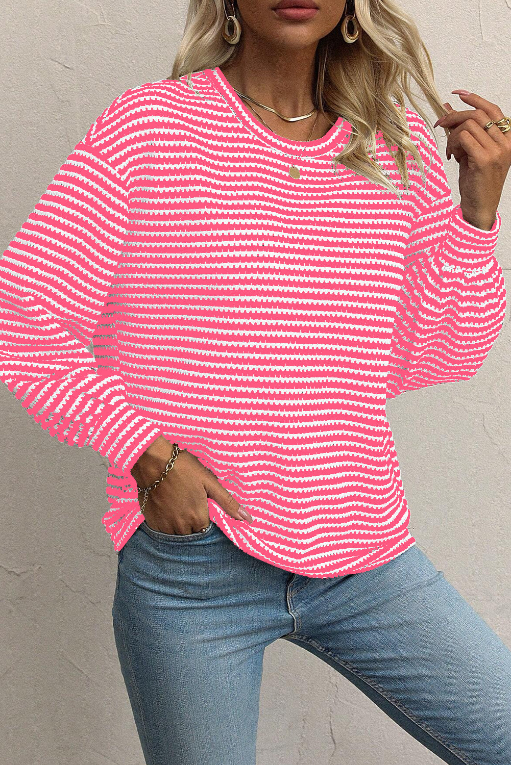 Black Stripe Round Neck Drop Shoulder Long Sleeve Top