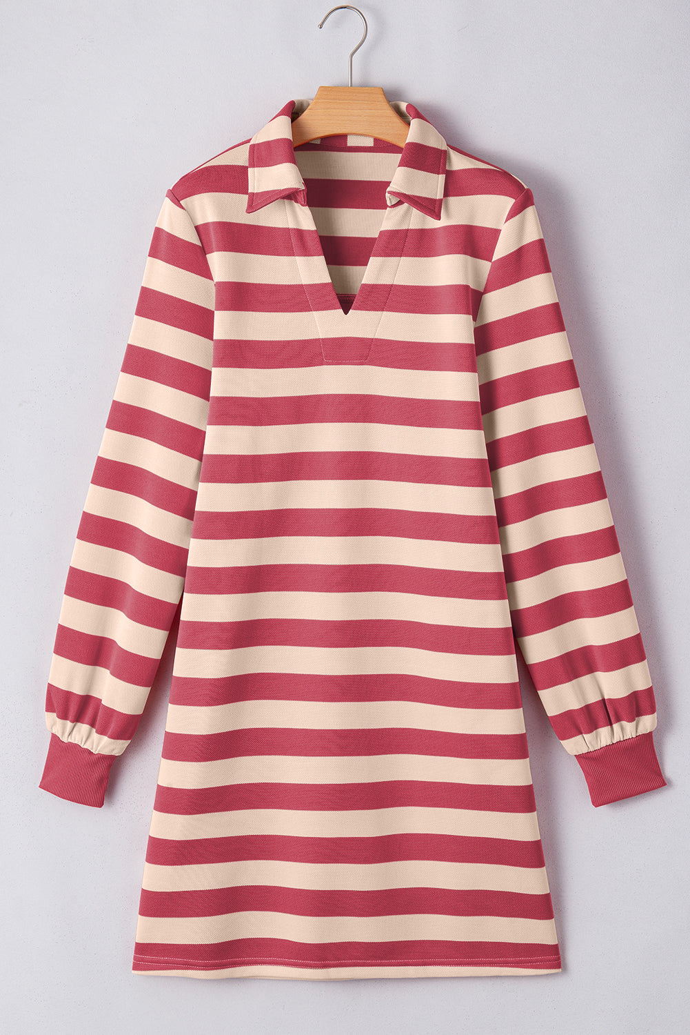 Pink Stripe Pocketed Collared V Neck Loose Fit Mini Dress