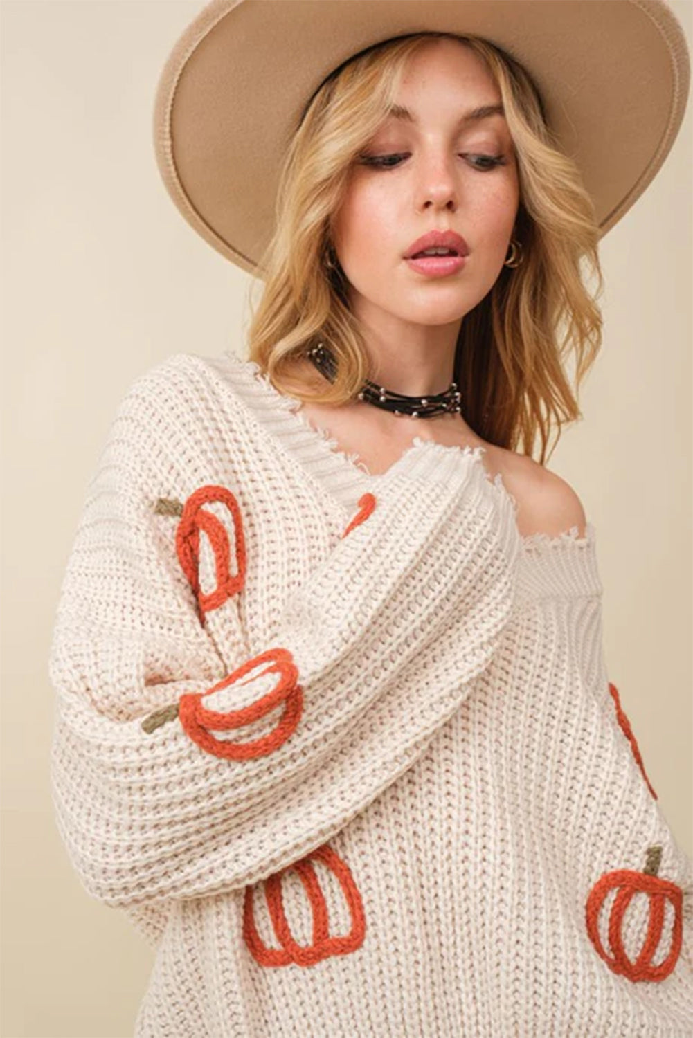 Beige Pumpkin V Neck Distressed Edge Knit Sweater