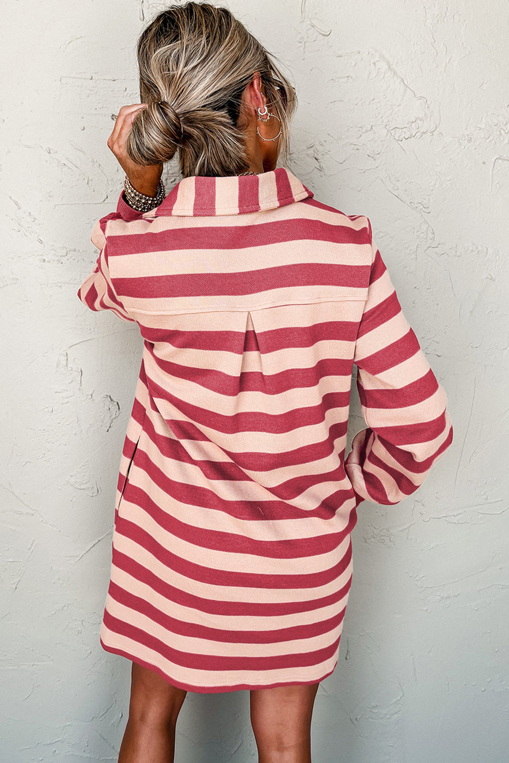 Pink Stripe Pocketed Collared V Neck Loose Fit Mini Dress