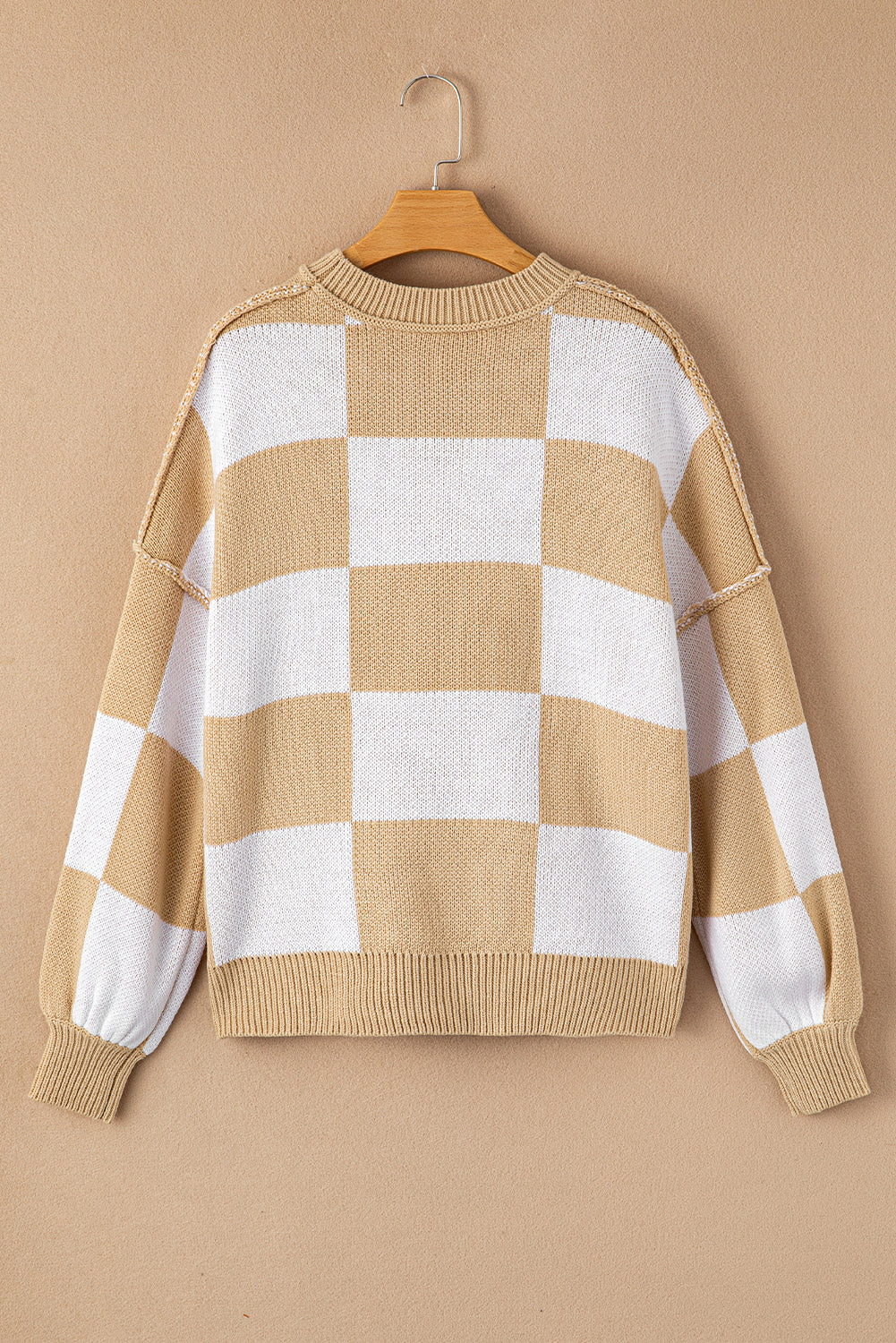 Green Checkered Bishop Sleeve Pullover Sweater