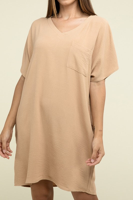 Woven Airflow V Neck T-Shirt Dress with Pockets