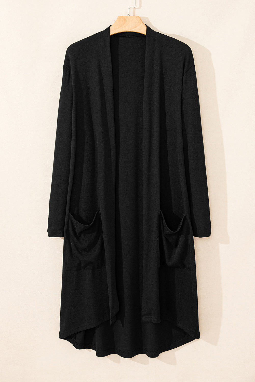 Black Solid Color Open Front Cardigan with Pocket