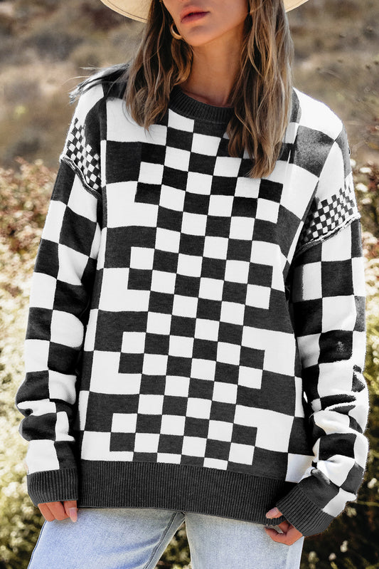 Black Checkered Drop Shoulder Round Neck Sweater