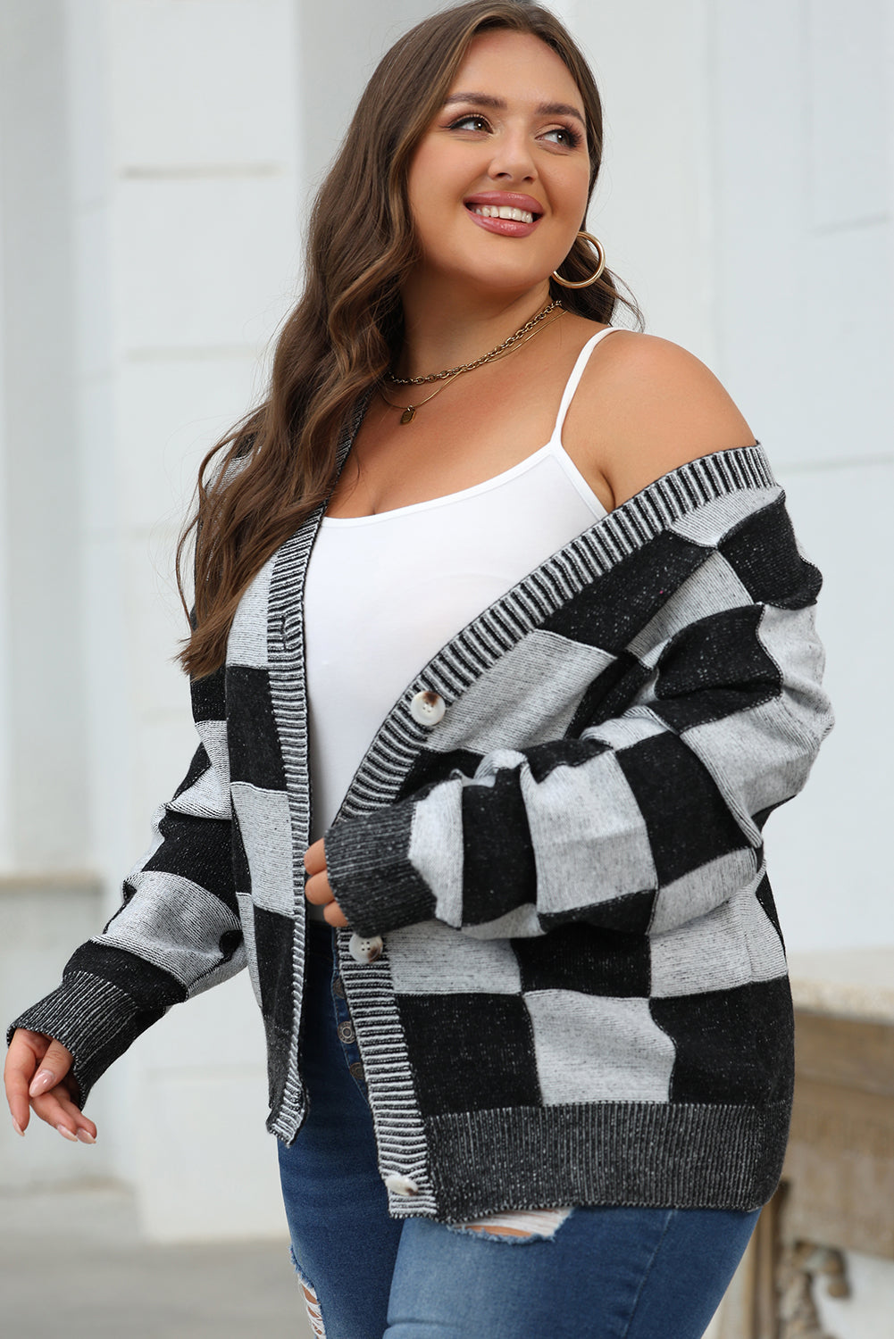 Black Checkered Drop Shoulder Buttoned V Neck Cardigan