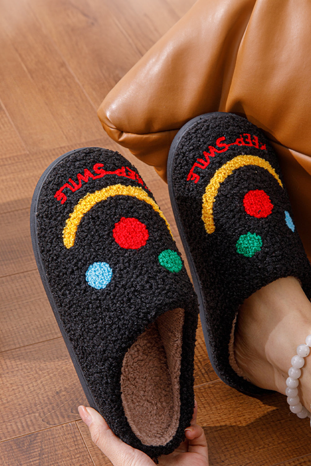 Black Keep Smile Printed Sherpa Home Slippers