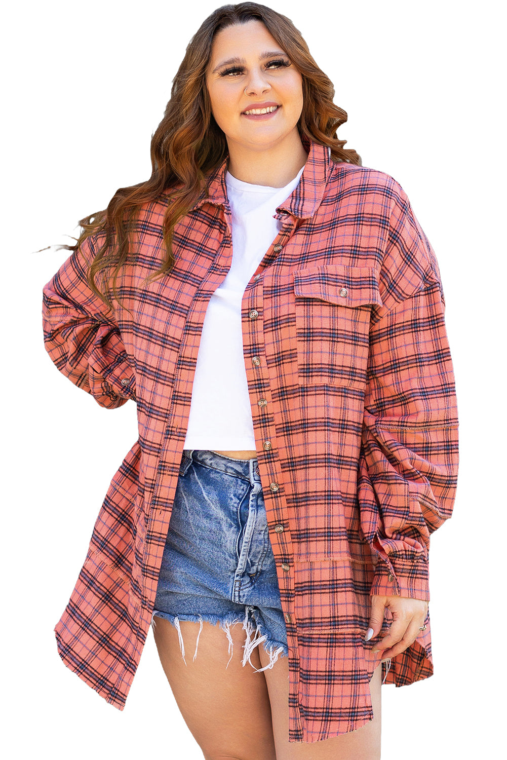 Red Plaid Long Sleeeve Side Split Distressed Hem Shirt