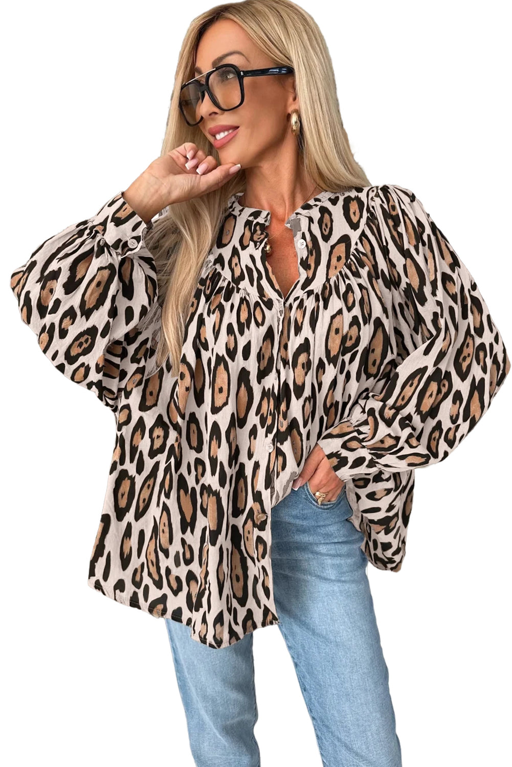 Light French Beige Leopard Print Balloon Sleeve Loose Blouse