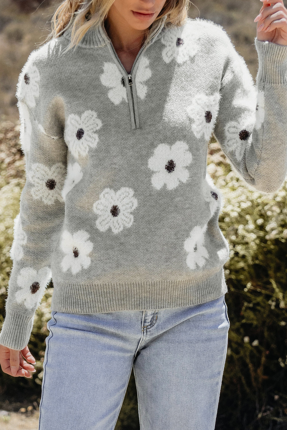 Gray Floral Pattern Half Zip Drop Shoulder Sweater