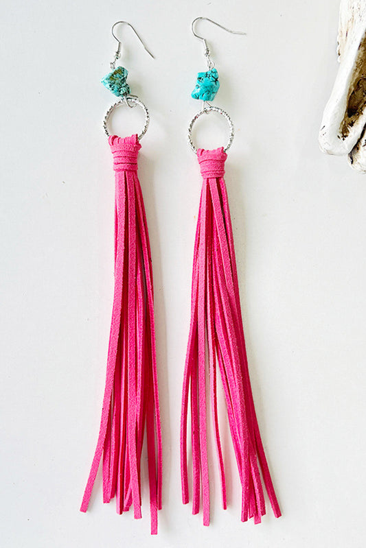 Rose Red Western Turquoise O-ring Tassel Earrings