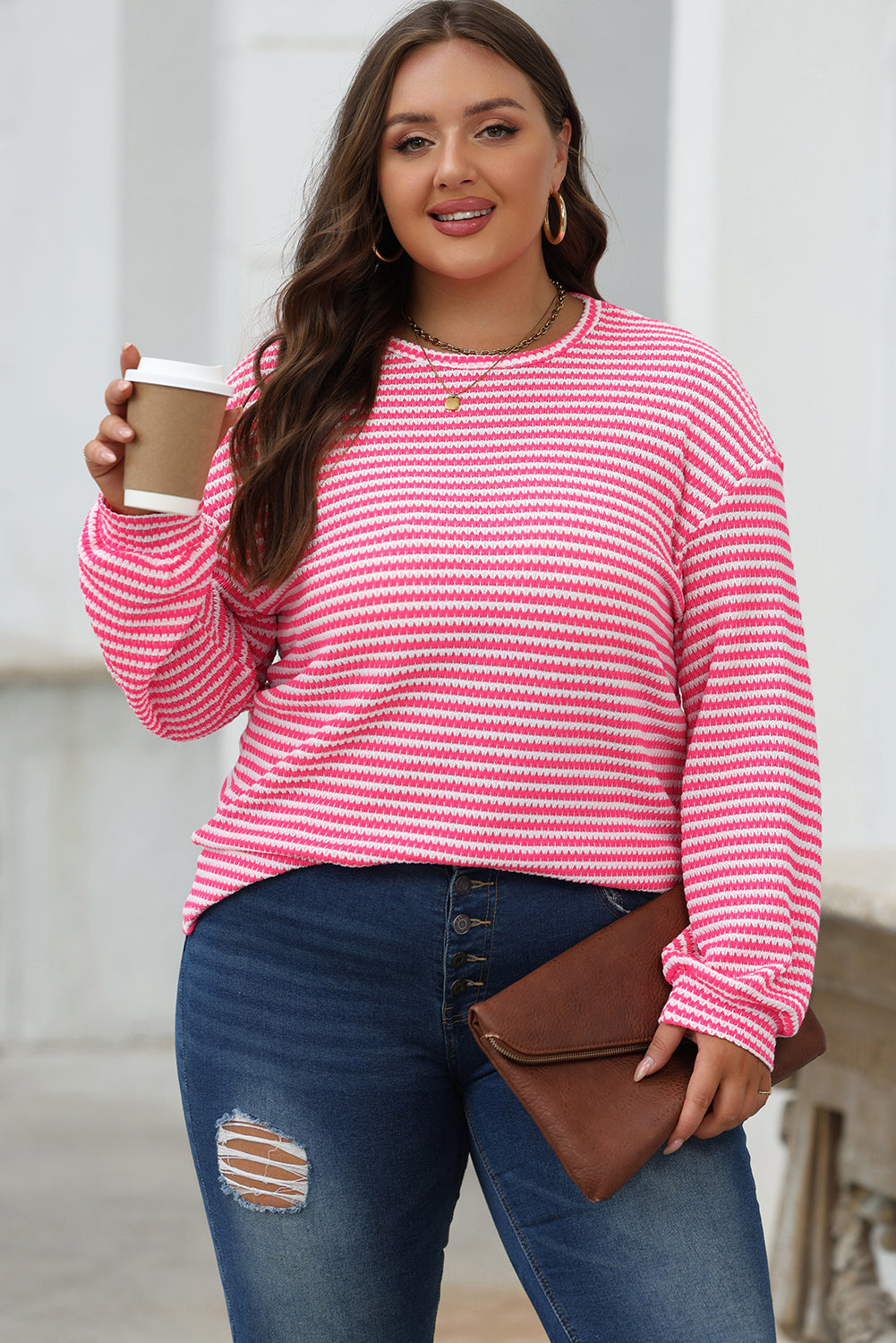 Black Stripe Round Neck Drop Shoulder Long Sleeve Top