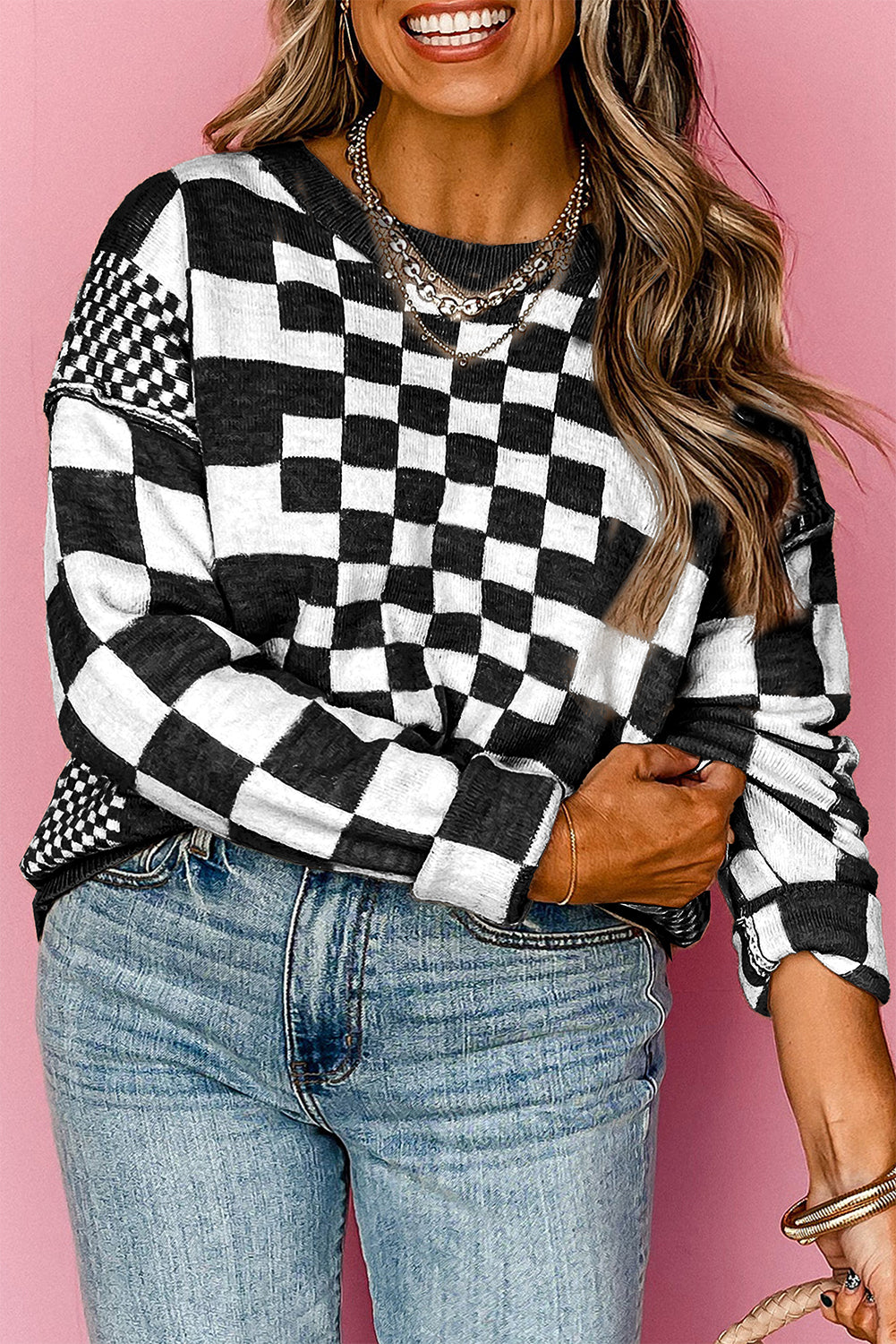 Black Checkered Drop Shoulder Round Neck Sweater