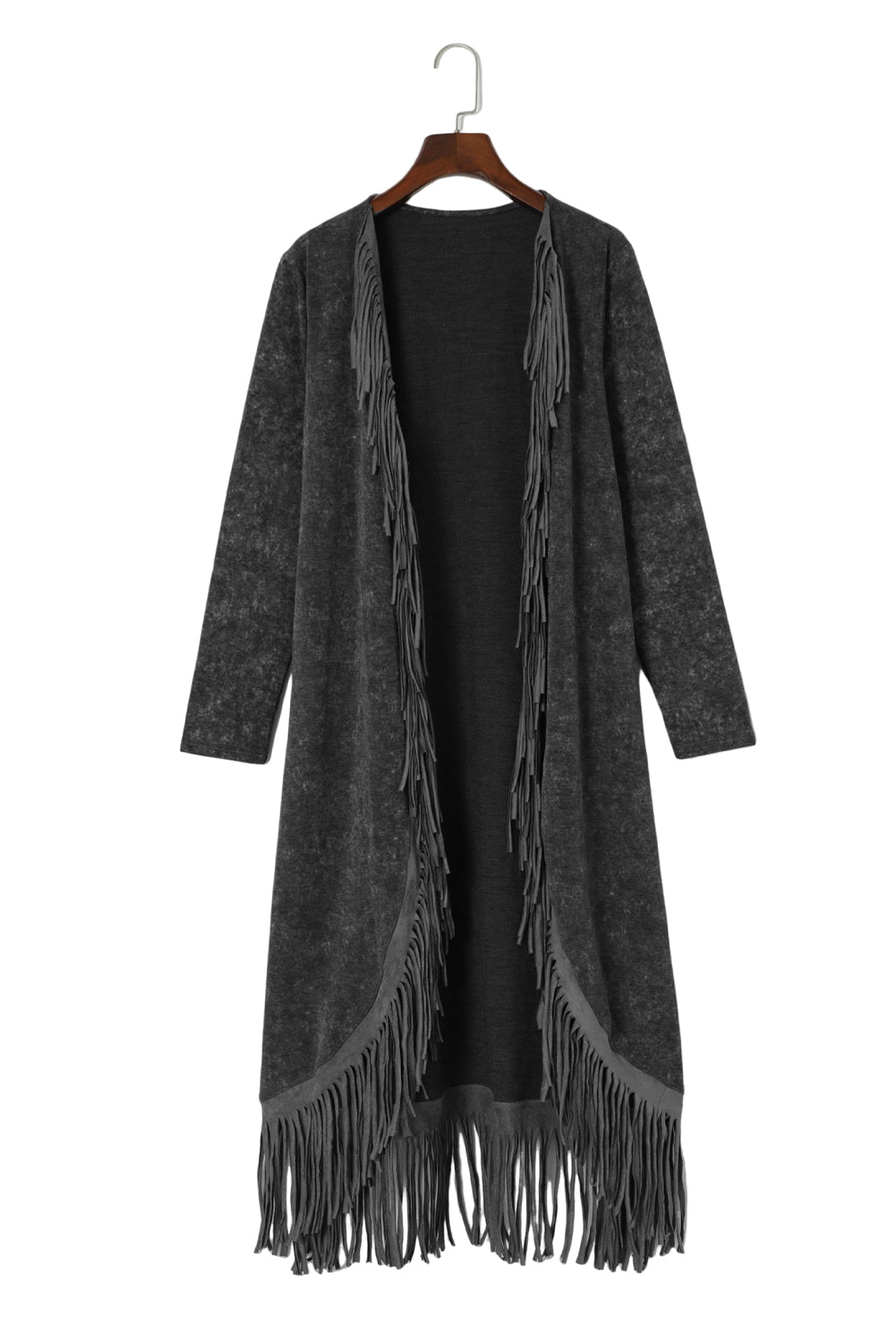 Black Fringed Hem Pocketed Open Cardigan