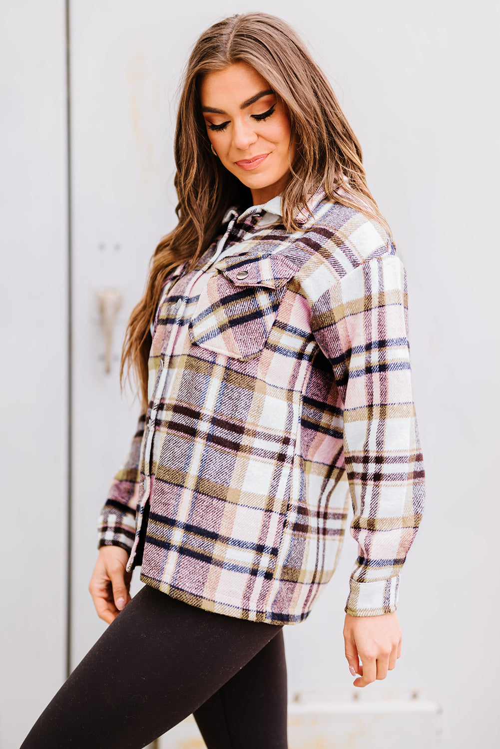 Geometric Plaid Print Pocketed Shacket