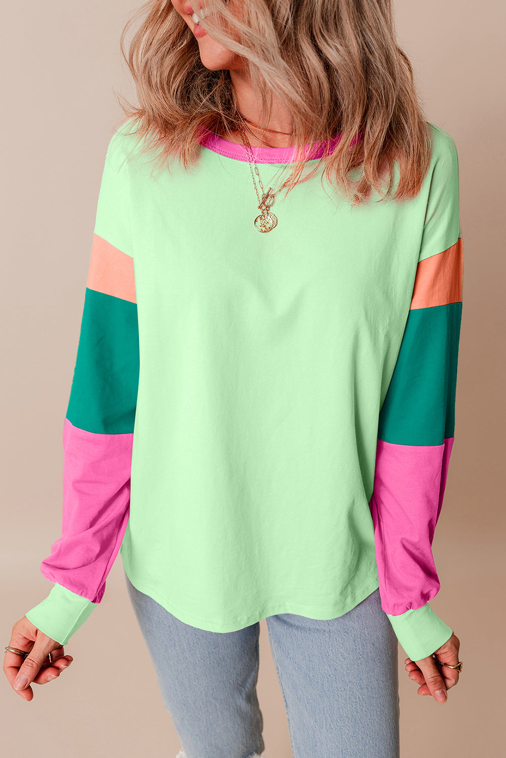 Green Colorblock Patchwork Long Sleeve Loose Top