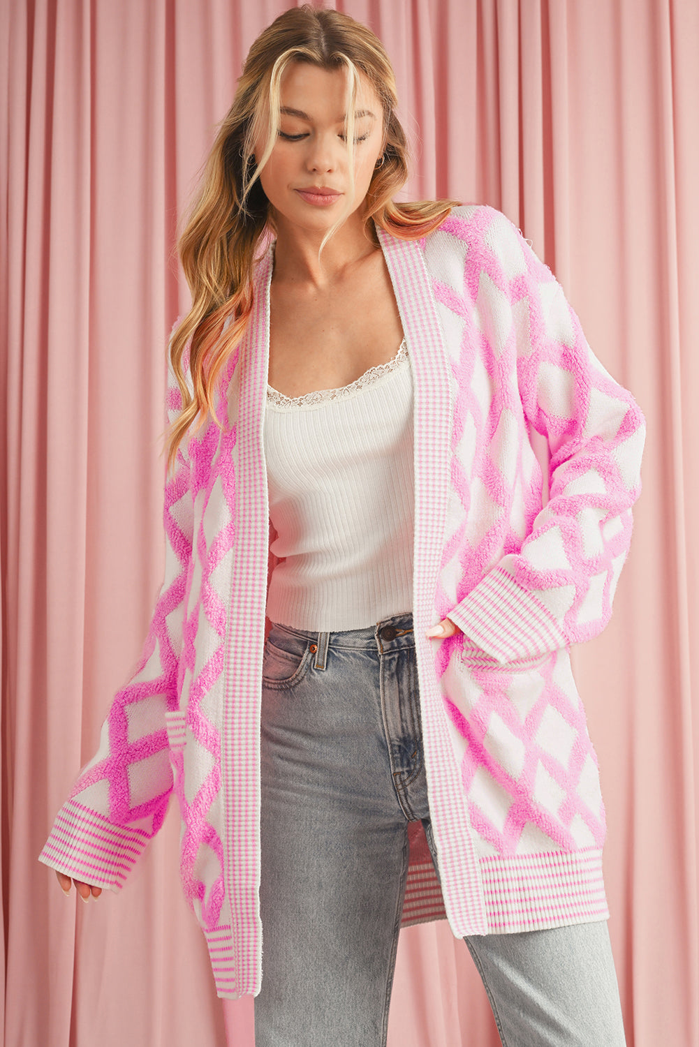 Pink Checkered Pockets Open Front Cardigan