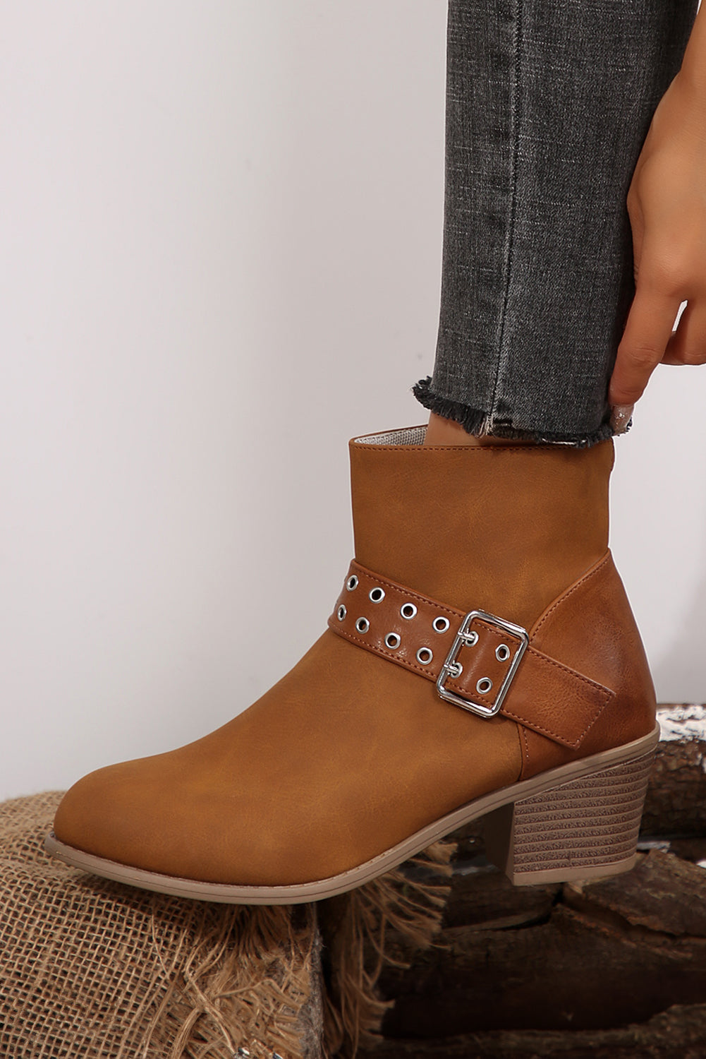 Chestnut Eyelet Buckled Chunky Heel Faux Leather Ankle Boots